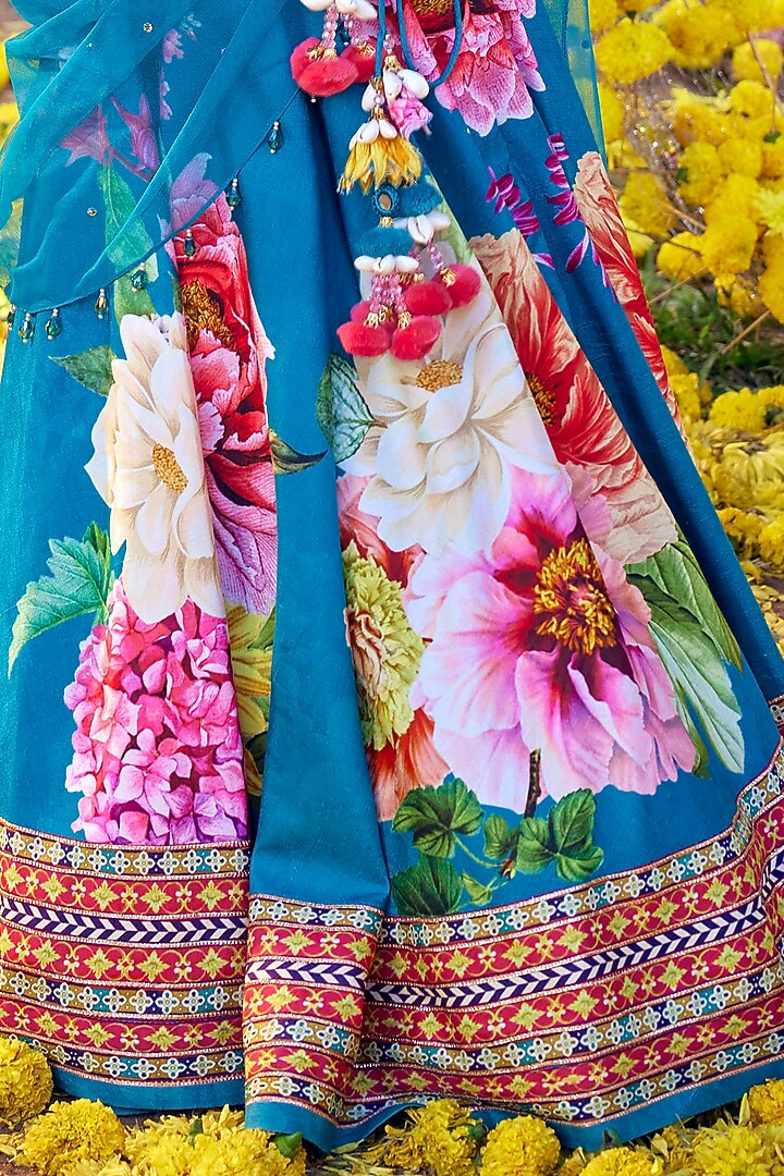 Teal Blue Raw Silk Sequins & Bead Embroidered Lehenga Set For Girls by Kalista kids at Pernia's Pop Up Shop