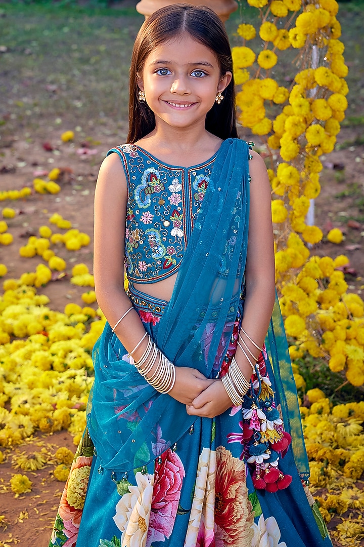 Teal Blue Raw Silk Sequins & Bead Embroidered Lehenga Set For Girls by Kalista kids at Pernia's Pop Up Shop