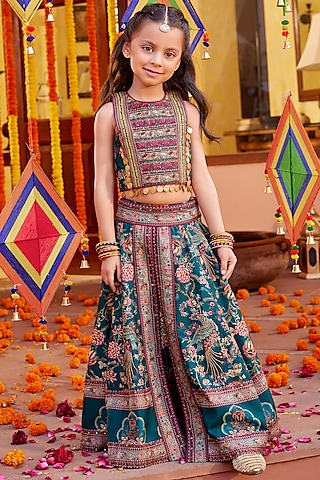 Bottle Green Viscose Silk Floral Motifs Embroidered Lehenga Set For Girls by Kalista kids