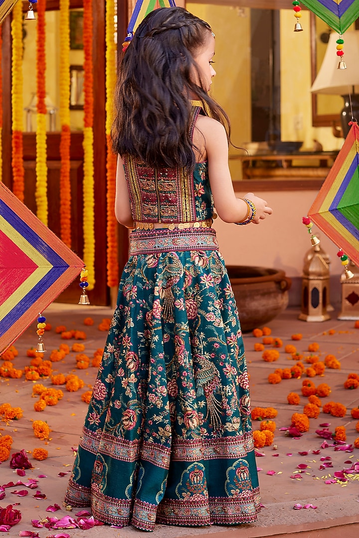 Bottle Green Viscose Silk Floral Motifs Embroidered Lehenga Set For Girls by Kalista kids at Pernia's Pop Up Shop