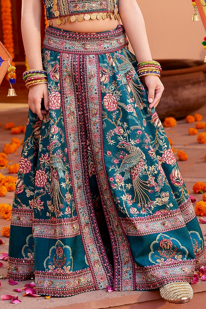 Bottle Green Viscose Silk Floral Motifs Embroidered Lehenga Set For Girls by Kalista kids at Pernia's Pop Up Shop