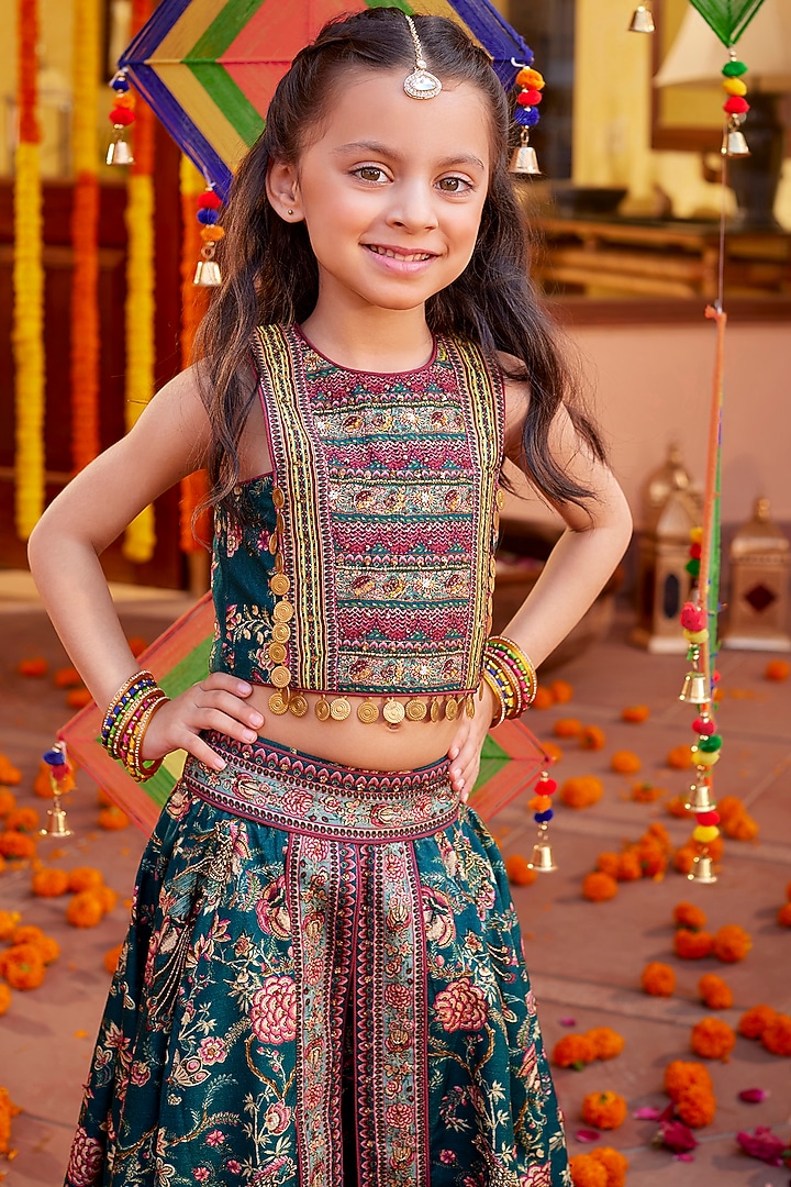 Bottle Green Viscose Silk Floral Motifs Embroidered Lehenga Set For Girls by Kalista kids at Pernia's Pop Up Shop
