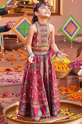 Fuchsia Pink Viscose Silk Floral Motifs Embroidered Lehenga Set For Girls by Kalista kids