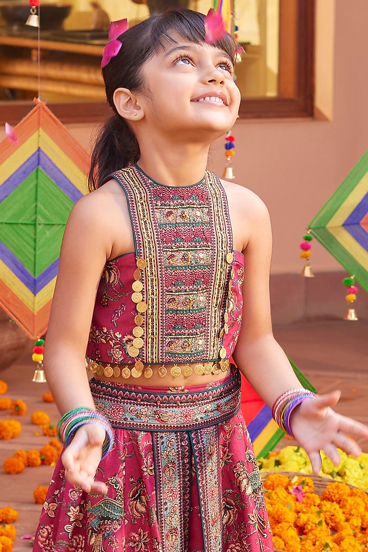 Fuchsia Pink Viscose Silk Floral Motifs Embroidered Lehenga Set For Girls by Kalista kids at Pernia's Pop Up Shop