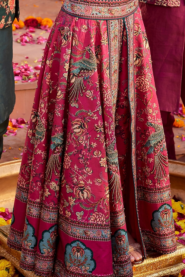 Fuchsia Pink Viscose Silk Floral Motifs Embroidered Lehenga Set For Girls by Kalista kids at Pernia's Pop Up Shop