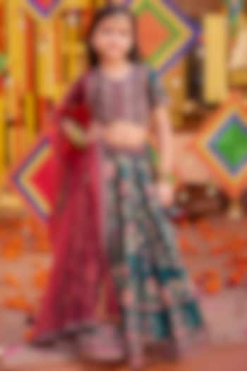 Emerald Green & Maroon Viscose Silk Hand Embroidered Lehenga Set For Girls by Kalista kids at Pernia's Pop Up Shop