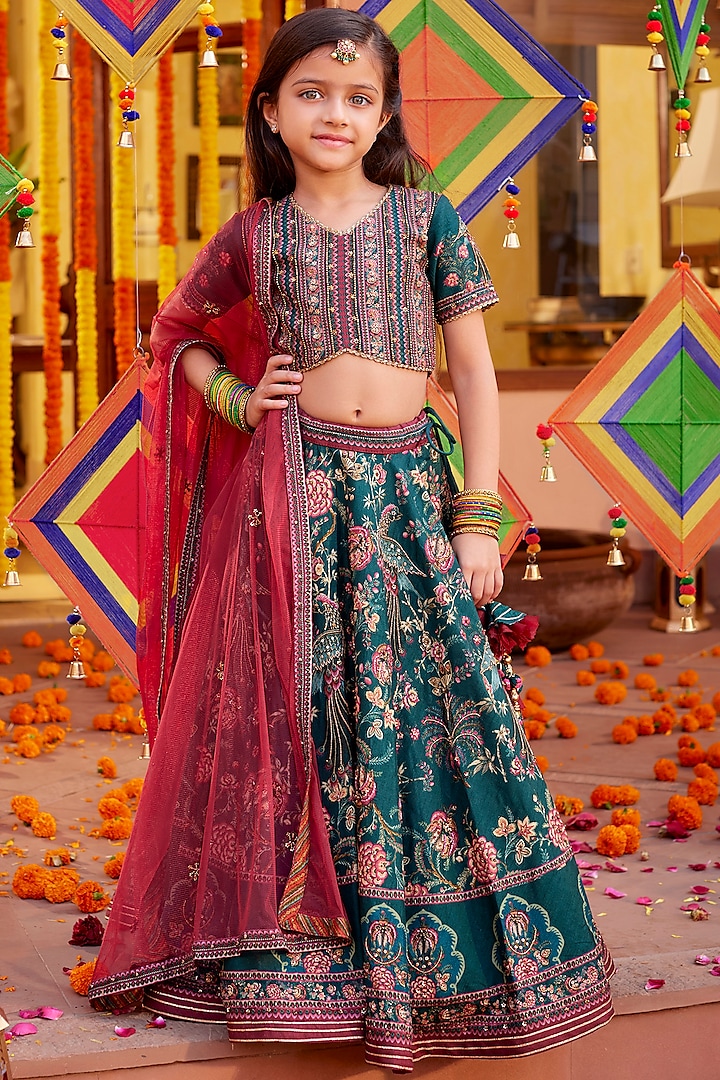 Emerald Green & Maroon Viscose Silk Hand Embroidered Lehenga Set For Girls by Kalista kids at Pernia's Pop Up Shop
