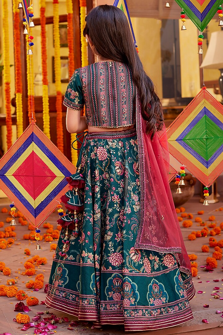 Emerald Green & Maroon Viscose Silk Hand Embroidered Lehenga Set For Girls by Kalista kids at Pernia's Pop Up Shop