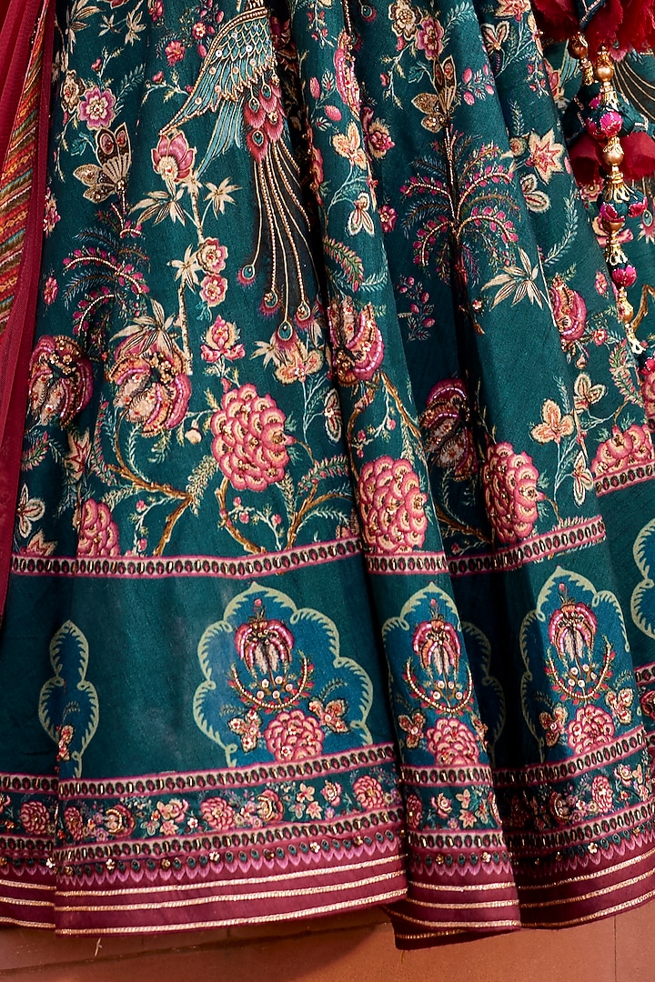 Emerald Green & Maroon Viscose Silk Hand Embroidered Lehenga Set For Girls by Kalista kids at Pernia's Pop Up Shop