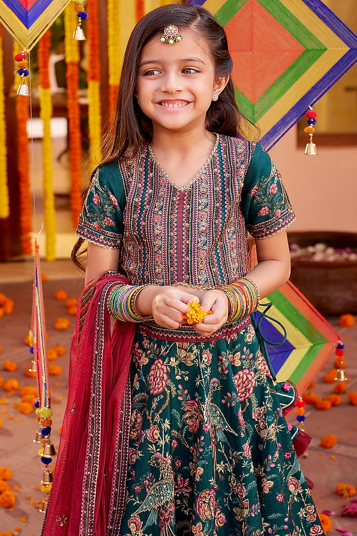 Emerald Green & Maroon Viscose Silk Hand Embroidered Lehenga Set For Girls by Kalista kids at Pernia's Pop Up Shop