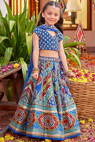 Multi-Colored Raw Silk Sequins & Bead Embroidered Lehenga Set For Girls by Kalista kids