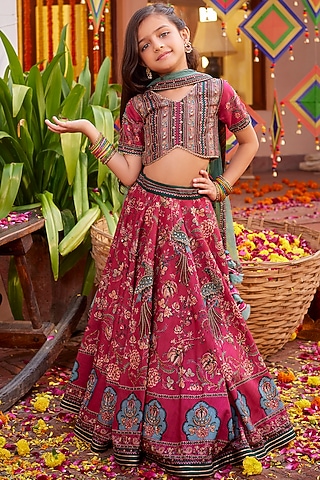 Fuchsia Pink Dola Silk Sequins & Bead Embroidered Lehenga Set For Girls by Kalista kids