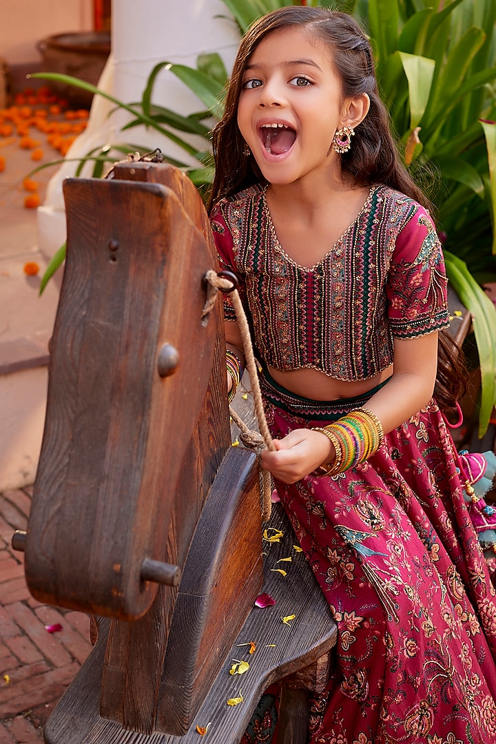 Fuchsia Pink Dola Silk Sequins & Bead Embroidered Lehenga Set For Girls by Kalista kids at Pernia's Pop Up Shop