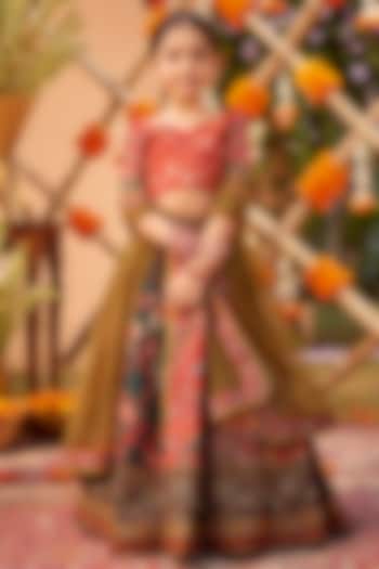 Multi-Colored Natural Silk & Soft Net Hand Painted Lehenga Set For Girls by Kalista kids at Pernia's Pop Up Shop