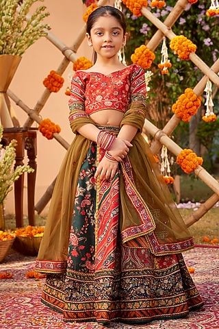 Multi-Colored Natural Silk & Soft Net Hand Painted Lehenga Set For Girls by Kalista kids