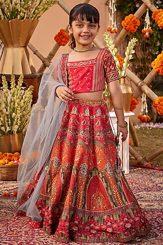 Hot Pink & Orange Viscose Silk Hand Painted Lehenga Set For Girls by Kalista kids