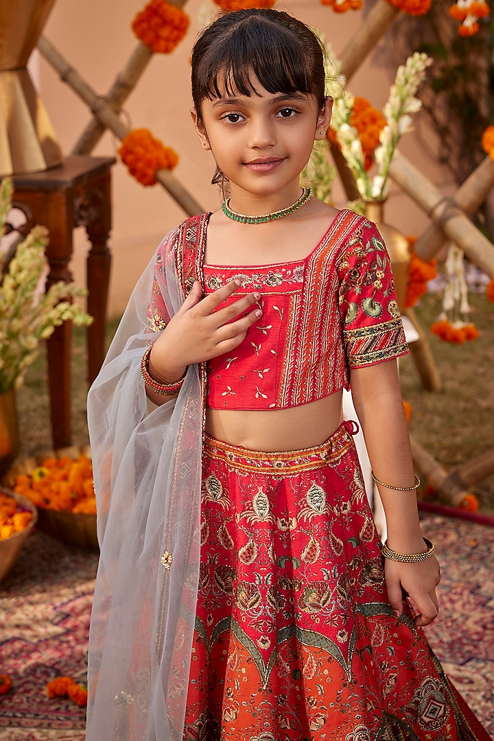 Hot Pink & Orange Viscose Silk Hand Painted Lehenga Set For Girls by Kalista kids at Pernia's Pop Up Shop