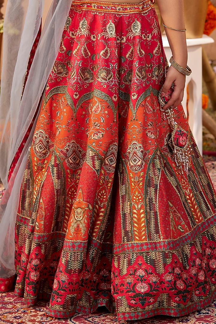 Hot Pink & Orange Viscose Silk Hand Painted Lehenga Set For Girls by Kalista kids at Pernia's Pop Up Shop