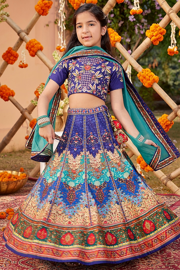 Multi-Colored Raw Silk Sequins & Bead Embroidered Lehenga Set For Girls by Kalista kids at Pernia's Pop Up Shop