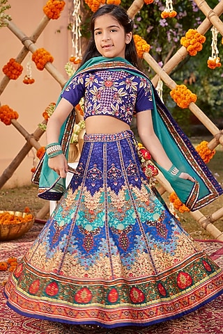 Multi-Colored Raw Silk Sequins & Bead Embroidered Lehenga Set For Girls by Kalista kids