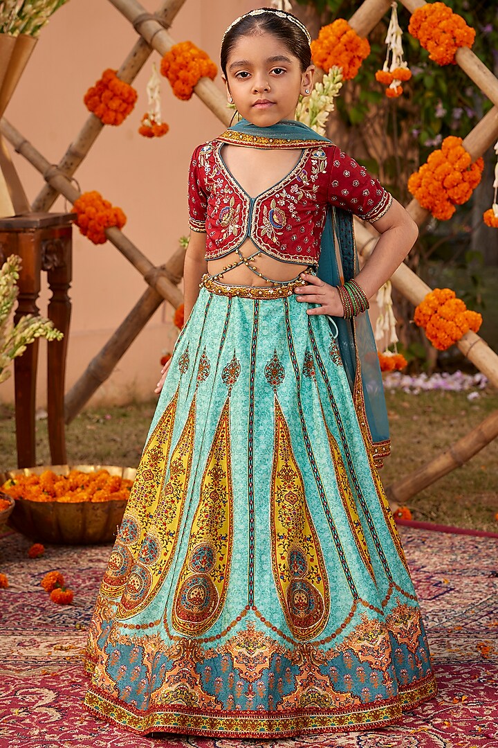 Multi-Colored Raw Silk Sequins & Bead Embroidered Lehenga Set For Girls by Kalista kids at Pernia's Pop Up Shop