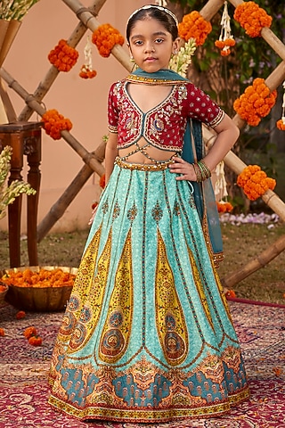 Multi-Colored Raw Silk Sequins & Bead Embroidered Lehenga Set For Girls by Kalista kids