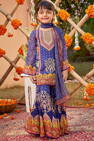 Midnight Blue Viscose Georgette Gharara Set For Girls by Kalista kids