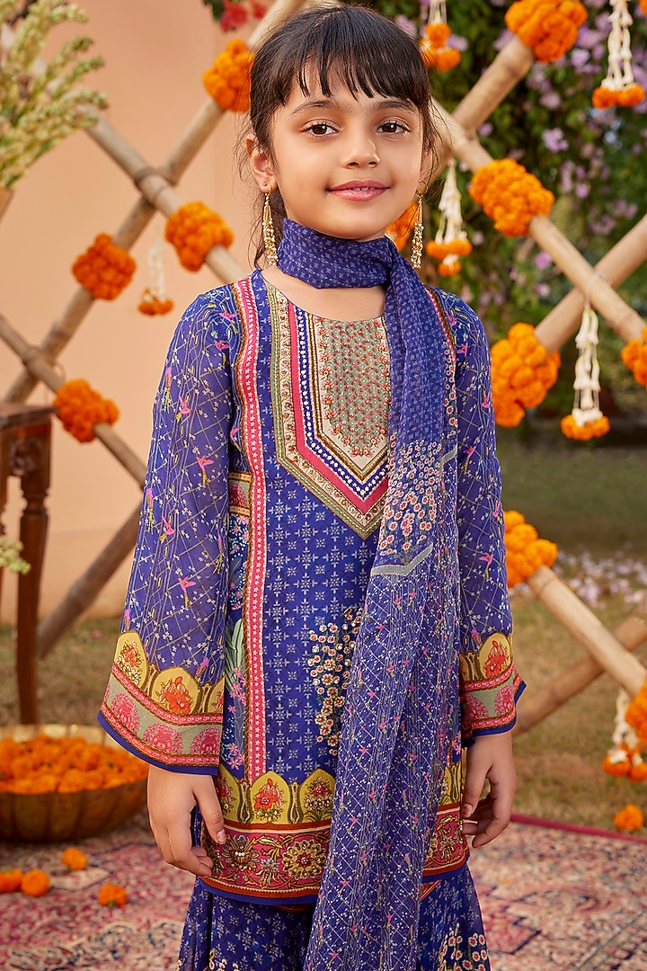 Midnight Blue Viscose Georgette Gharara Set For Girls by Kalista kids at Pernia's Pop Up Shop