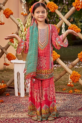 Hot Pink Viscose Georgette Gharara Set For Girls by Kalista kids