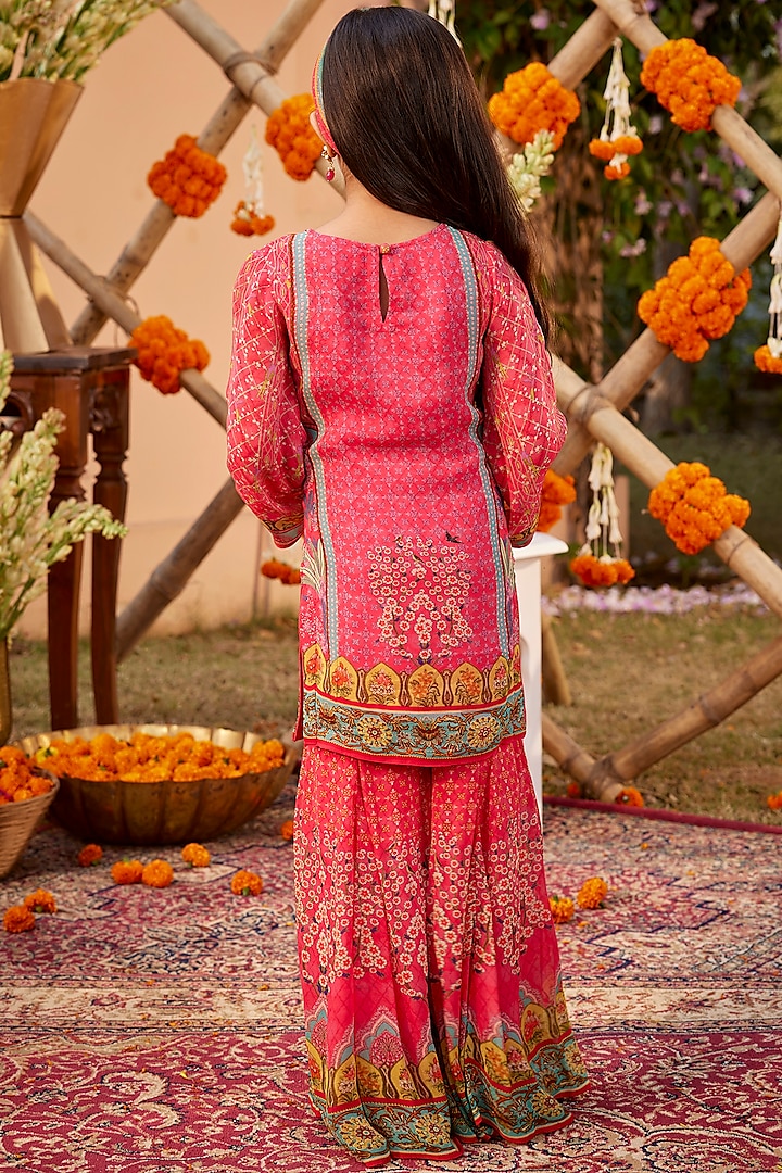Hot Pink Viscose Georgette Gharara Set For Girls by Kalista kids at Pernia's Pop Up Shop