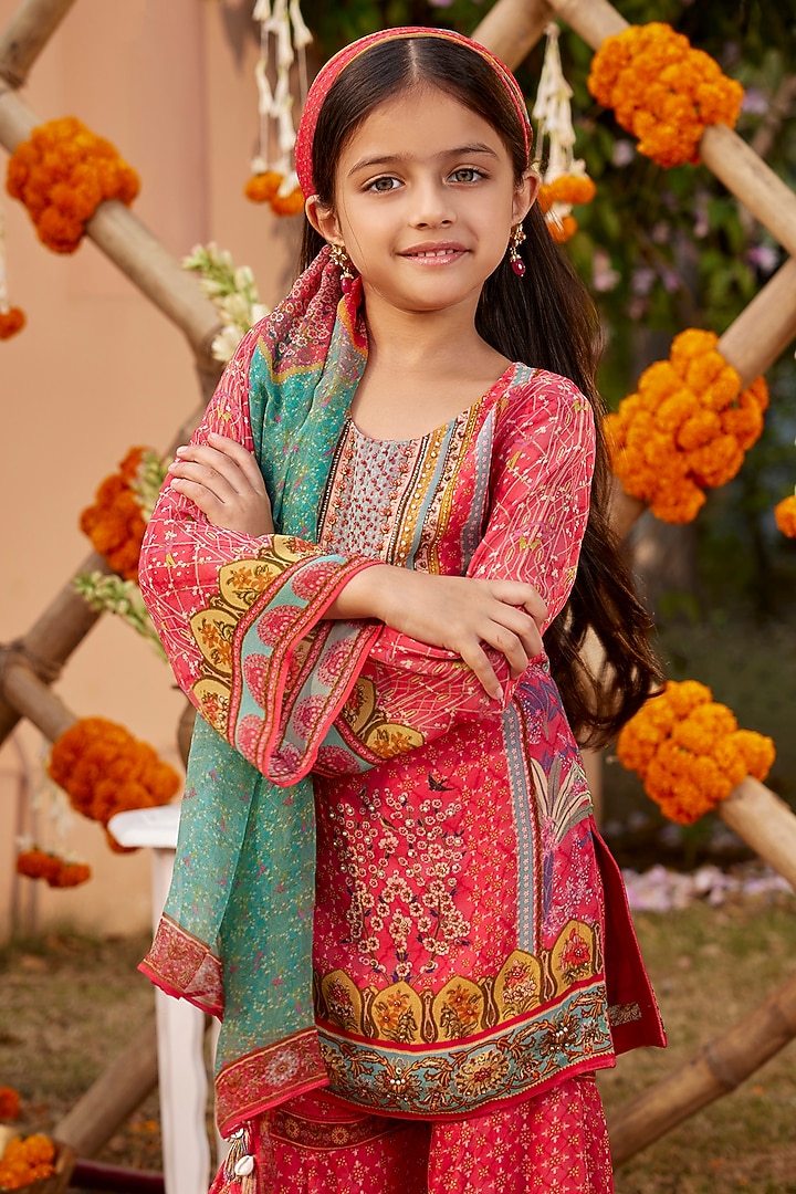 Hot Pink Viscose Georgette Gharara Set For Girls by Kalista kids at Pernia's Pop Up Shop