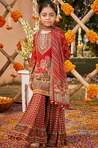 Red Viscose Georgette Gharara Set For Girls by Kalista kids