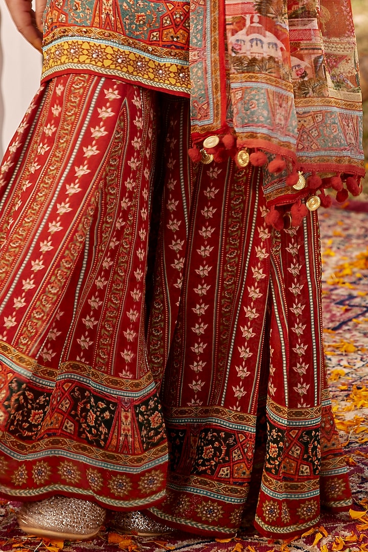 Red Viscose Georgette Gharara Set For Girls by Kalista kids at Pernia's Pop Up Shop