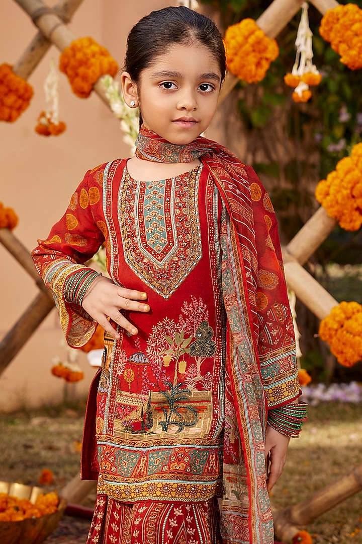 Red Viscose Georgette Gharara Set For Girls by Kalista kids at Pernia's Pop Up Shop