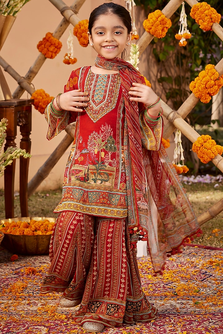 Red Viscose Georgette Gharara Set For Girls by Kalista kids at Pernia's Pop Up Shop