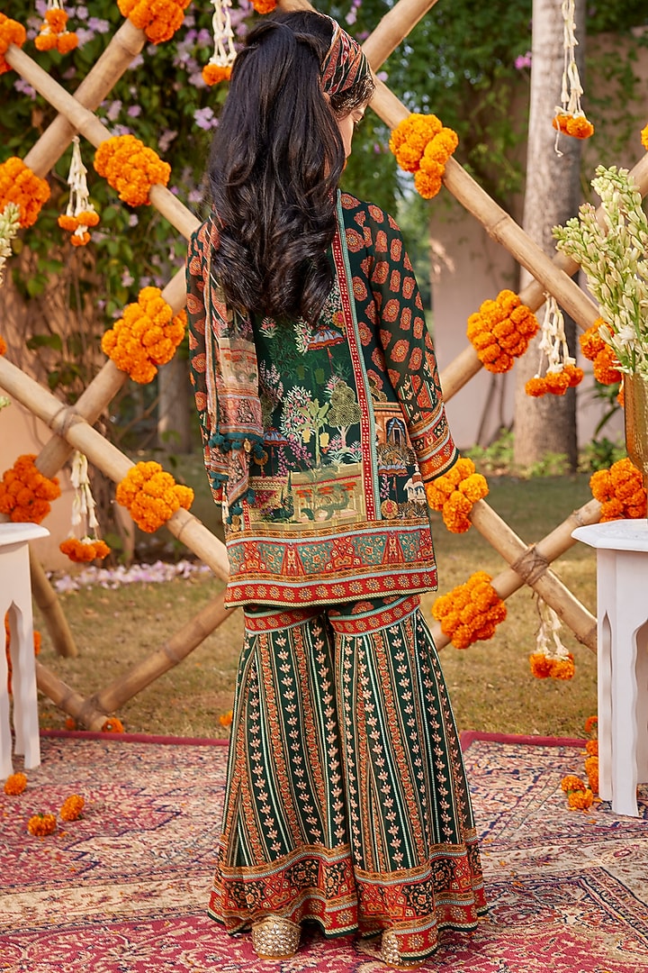 Bottle Green Viscose Georgette Gharara Set For Girls by Kalista kids at Pernia's Pop Up Shop