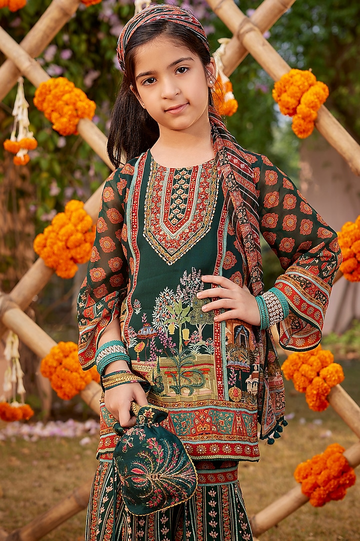 Bottle Green Viscose Georgette Gharara Set For Girls by Kalista kids at Pernia's Pop Up Shop