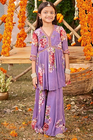 Lavender Viscose Georgette Sharara Set For Girls by Kalista kids