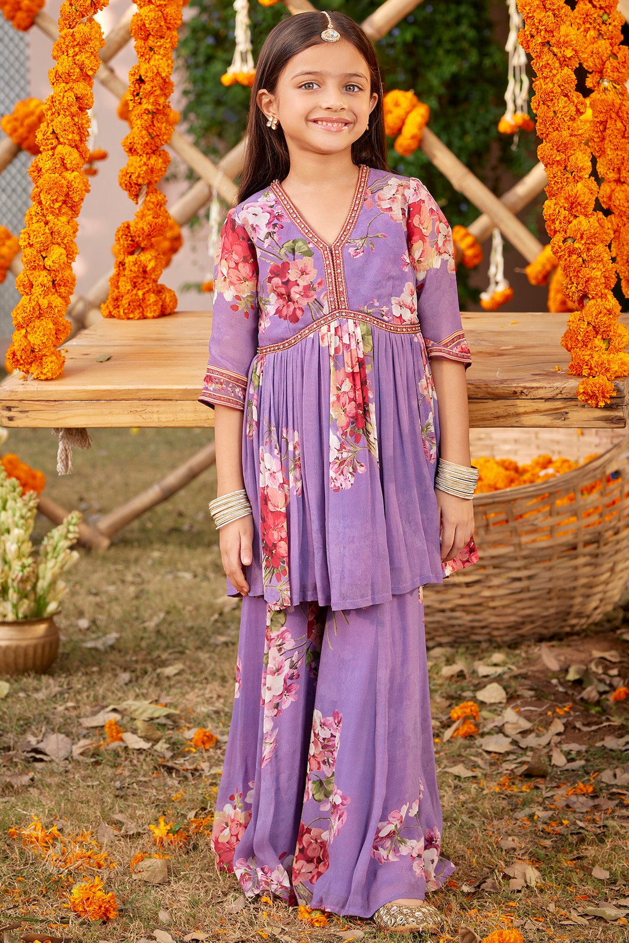 Lavender Viscose Georgette Sharara Set For Girls by Kalista kids