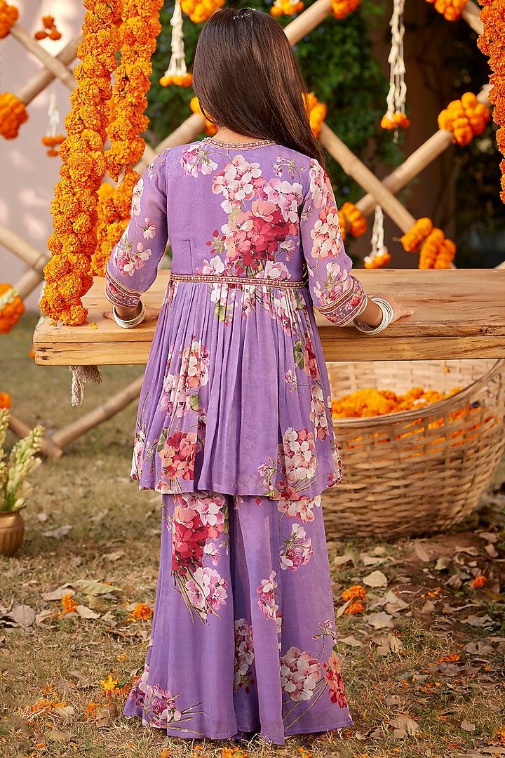 Lavender Viscose Georgette Sharara Set For Girls by Kalista kids at Pernia's Pop Up Shop
