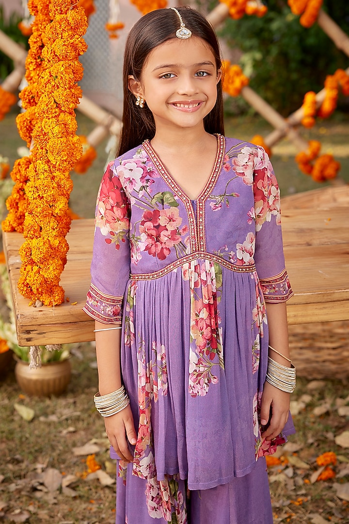 Lavender Viscose Georgette Sharara Set For Girls by Kalista kids at Pernia's Pop Up Shop