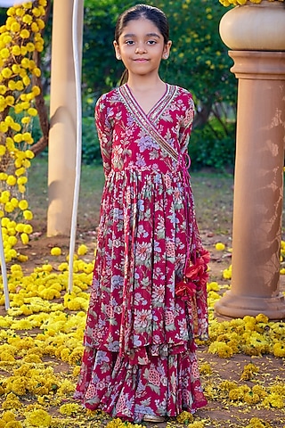 Fuchsia Pink Viscose Georgette Sharara Set For Girls by Kalista kids