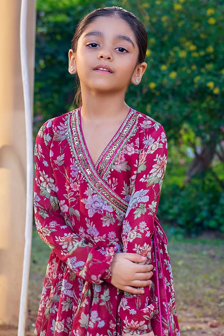 Fuchsia Pink Viscose Georgette Sharara Set For Girls by Kalista kids at Pernia's Pop Up Shop