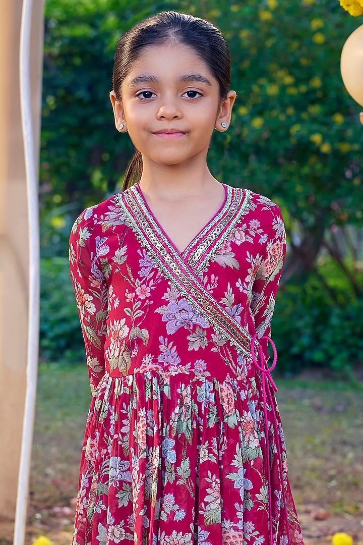 Fuchsia Pink Viscose Georgette Sharara Set For Girls by Kalista kids at Pernia's Pop Up Shop