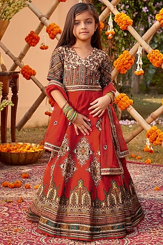 Orange Raw Silk Sequins & Bead Embroidered Anarkali Set For Girls by Kalista kids