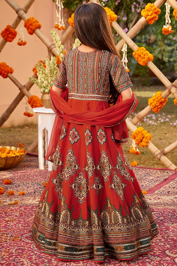 Orange Raw Silk Sequins & Bead Embroidered Anarkali Set For Girls by Kalista kids at Pernia's Pop Up Shop