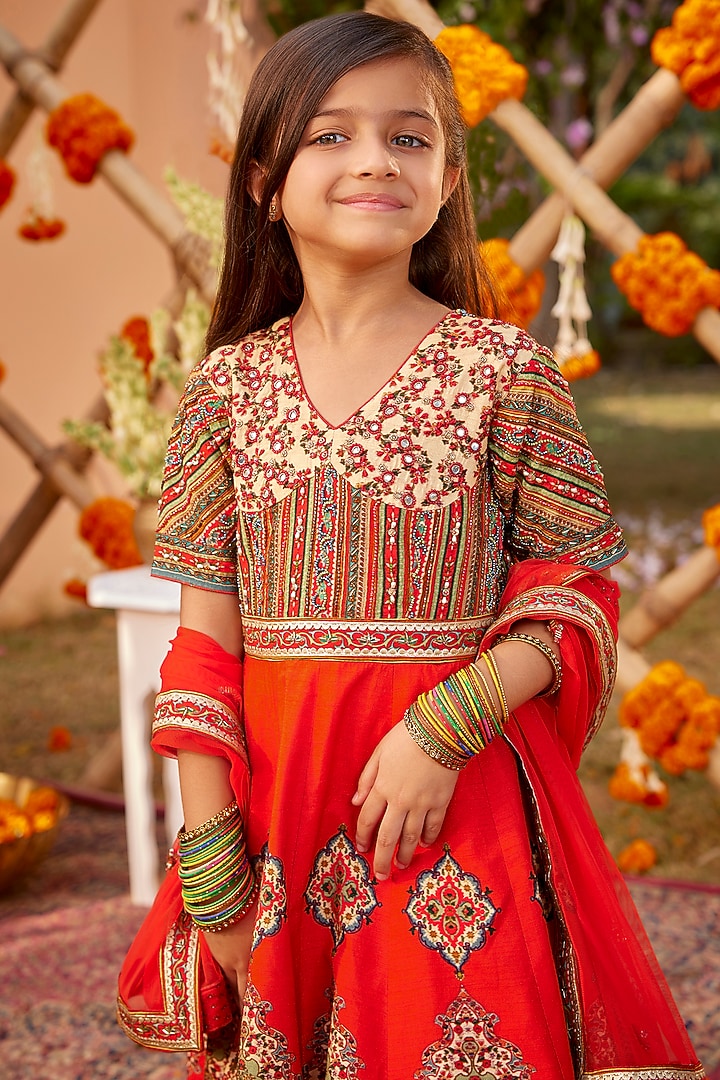 Orange Raw Silk Sequins & Bead Embroidered Anarkali Set For Girls by Kalista kids at Pernia's Pop Up Shop
