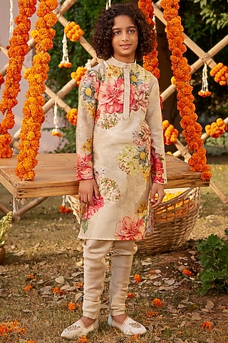 Beige Handwoven Chanderi Kurta Set For Boys by Kalista kids