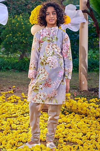 Lilac Chanderi Floral Printed Kurta Set For Boys by Kalista kids