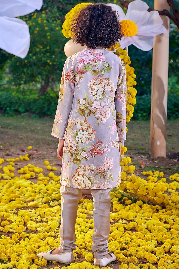 Lilac Chanderi Floral Printed Kurta Set For Boys by Kalista kids at Pernia's Pop Up Shop
